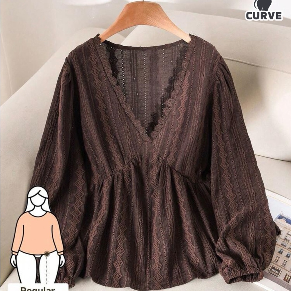 SHEIN Dark Brown V-Neck Textured Blouse